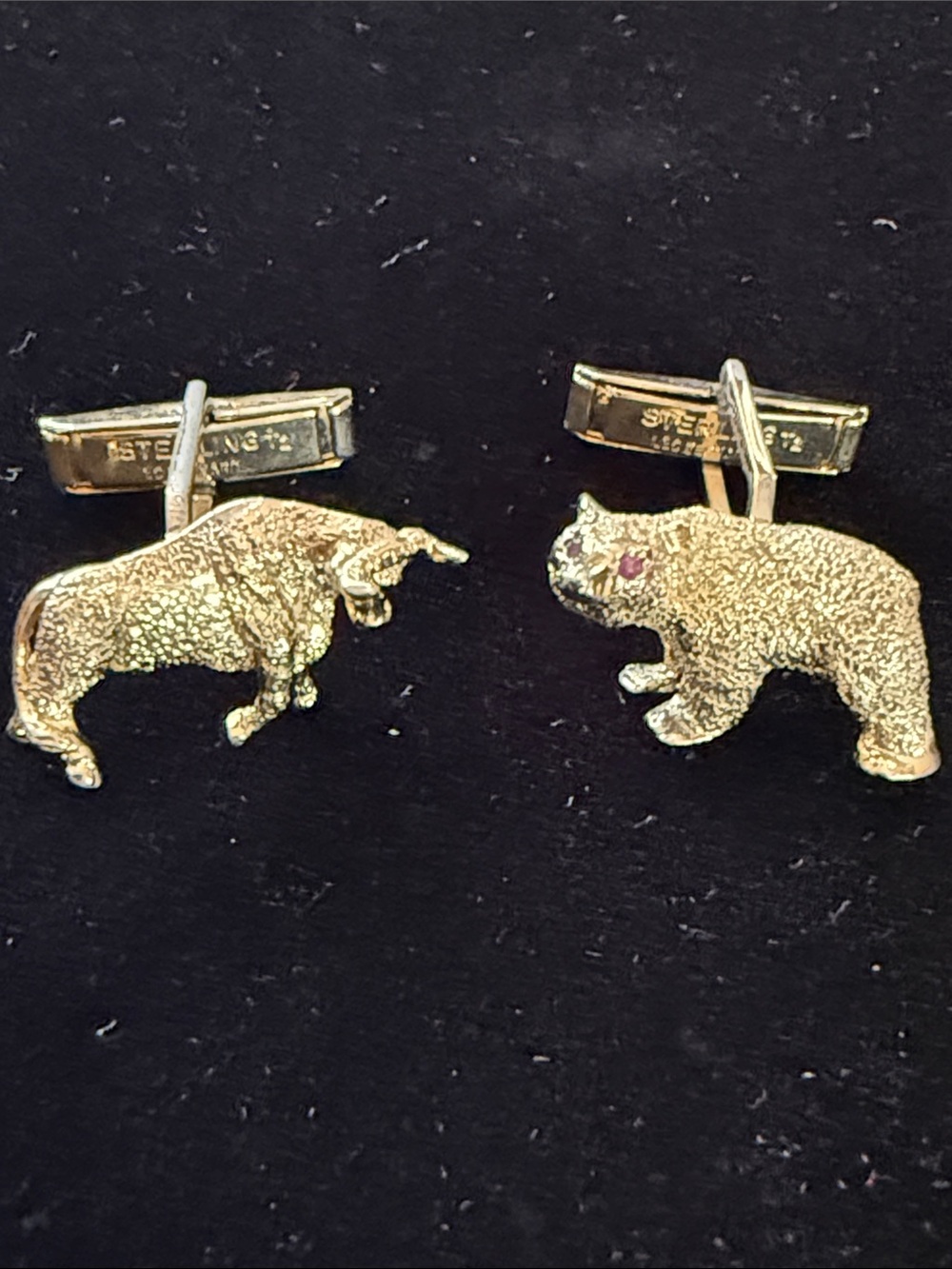 Les Bernard Vintage Sterling Silver Gold Vermeil Bull Bear Wall Street Cufflinks